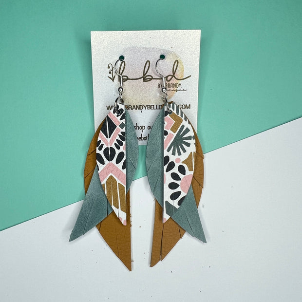 ANDY - Leather Earrings   ||  <BR> PINK/MUSTARD AZTEC,  <BR> DUSTY AQUA RIVIERA, <BR>  MATTE MUSTARD