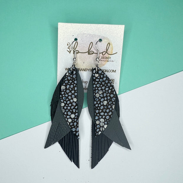 ANDY - Leather Earrings   ||  <BR> BLACK STINGRAY,  <BR>  MATTE DARK GRAY, <BR> BLACK PALMS