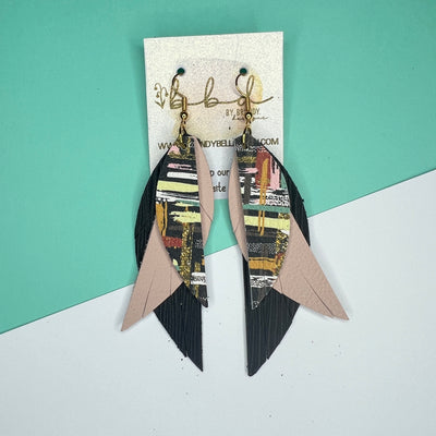 ANDY - Leather Earrings   ||  <BR> FALL ABSTRACT BRUSHSTROKES,  <BR>  MATTE BLUSH PINK, <BR> BLACK PALMS