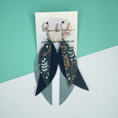 ANDY - Leather Earrings   ||   <BR> WILDFLOWERS ON BLUE, <BR> MATTE NAVY BLUE, <BR>  DUSTY AQUA RIVIERA