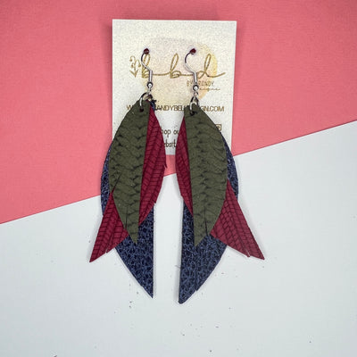 ANDY - Leather Earrings   ||  <BR> OLIVE GREEN BRAID,  <BR> BURGUNDY PALMS, <BR>  METALLIC NAVY BLUE PEBBLED