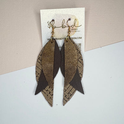 ANDY - Leather Earrings   ||  <BR> DISTRESSED BROWN WITH GOLD ACCENTS,  <BR>  MATTE BROWN, <BR>  TAN PANAMA WEAVE