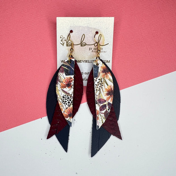 ANDY - Leather Earrings   ||  <BR> AUTUMN FLORAL,  <BR>  BURGUNDY BRAID, <BR> MATTE NAVY BLUE