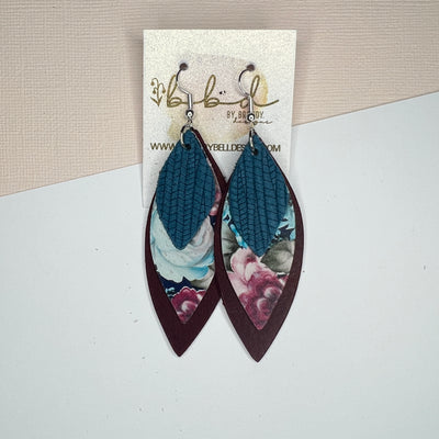 DOROTHY - Leather Earrings   ||  <BR> TEAL PALMS, <BR> VINTAGE FLORAL, <BR> DISTTESSED BURGUBDY