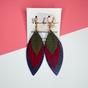 DOROTHY - Leather Earrings   ||  <BR> OLIVE GREEN BRAID,  <BR> BURGUNDY PALMS, <BR>  METALLIC NAVY BLUE PEBBLED