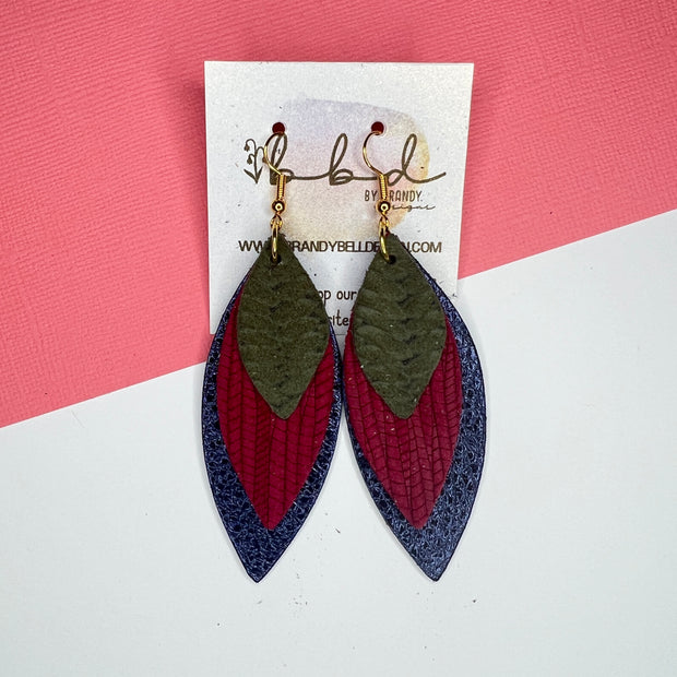 DOROTHY - Leather Earrings   ||  <BR> OLIVE GREEN BRAID,  <BR> BURGUNDY PALMS, <BR>  METALLIC NAVY BLUE PEBBLED