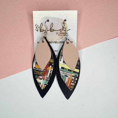 DOROTHY - Leather Earrings   ||  <BR>  MATTE BLUSH PINK, <BR> FALL ABSTRACT BRUSHSTROKES,  <BR> BLACK PALMS