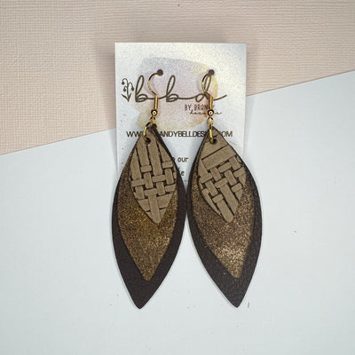 DOROTHY - Leather Earrings   ||  <BR>  TAN PANAMA WEAVE, <BR> DISTRESSED BROWN WITH GOLD ACCENTS,  <BR>  MATTE BROWN