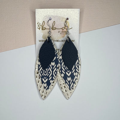 DOROTHY - Leather Earrings   ||  <BR> MATTE NAVY BLUE,  <BR>  NAVY SHIBORI, <BR>  METALLIC CHAMPAGNE PANAMA WEAVE