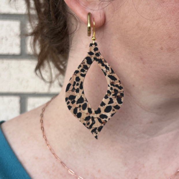 WREN - Leather Earrings  ||   MUSTARD FLORAL OUTLINES  (LEATHER ON CORK)