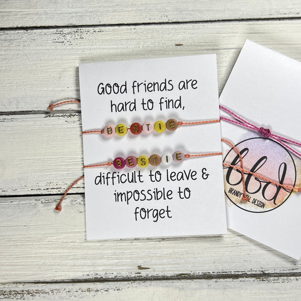 FRIENDSHIP BRACELET - Handmade by Brandy Bell Design <br> Adjustable Waxed Cotton  "BESTIE" (coral)