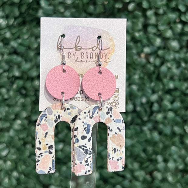 HOPE - Leather Earrings  ||    <BR> MATTE LIGHT PINK, <BR> GRANITE MOSAIC (LEATHER ON CORK)