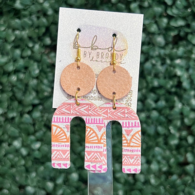 HOPE - Leather Earrings  ||    <BR> BLUSH GLAZED NUBUCK, <BR> ORANGE & PINK AZTEC PRINT (LEATHER ON CORK)