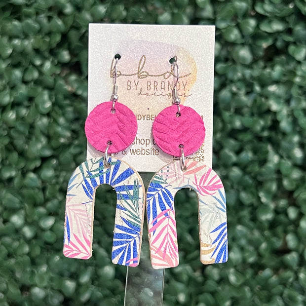 HOPE - Leather Earrings  ||    <BR> PINK BRAID, <BR> TROPICAL LEAVES (LEATHER ON CORK)