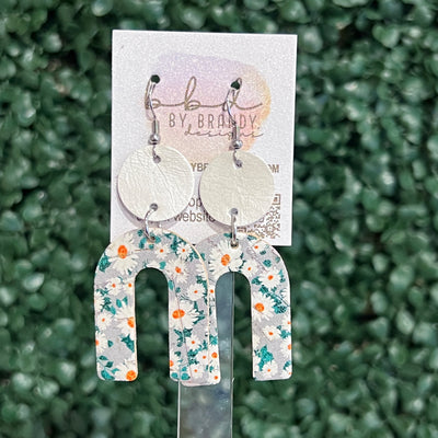 HOPE - Leather Earrings  ||    <BR> PEARL WHITE, <BR> DAISIES ON GRAY (LEATHER ON CORK)