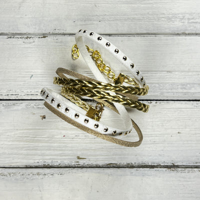 LAYERED WRAP BRACELET - Handmade by Brandy Bell Design <br> Gold Braid, White, & Sparkle Gold Suede