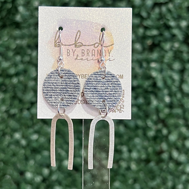 IRIS  ||  Leather Earrings || SILVER OR GOLD BRASS U-SHAPE, <BR>  BLUE DENIM