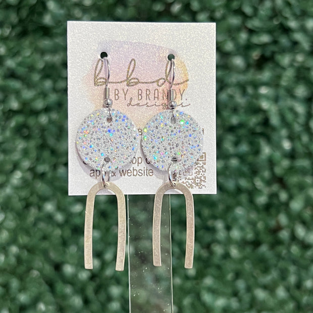 IRIS  ||  Leather Earrings || SILVER OR GOLD BRASS U-SHAPE, <BR>  SPARKLE WHITE