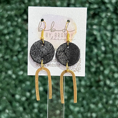 IRIS  ||  Leather Earrings || SILVER OR GOLD BRASS U-SHAPE, <BR>  SHIMMER BLACK