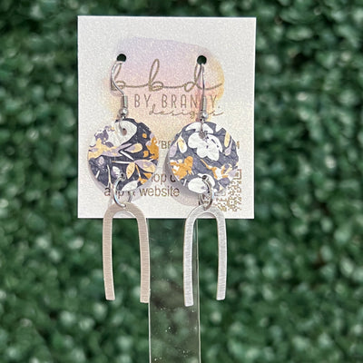 IRIS  ||  Leather Earrings || SILVER OR GOLD BRASS U-SHAPE, <BR>  POPPIES FLORAL ON NAVY