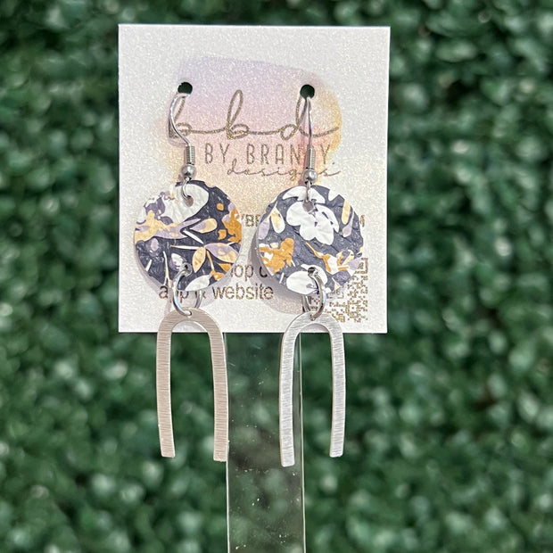 IRIS  ||  Leather Earrings || SILVER OR GOLD BRASS U-SHAPE, <BR>  POPPIES FLORAL ON NAVY