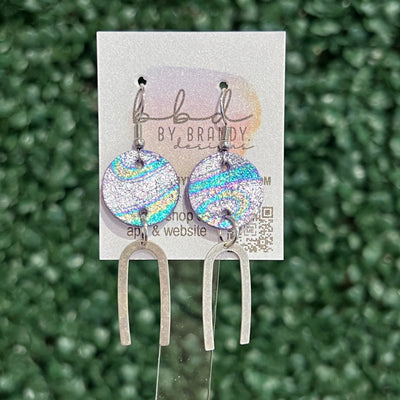 IRIS  ||  Leather Earrings || SILVER OR GOLD BRASS U-SHAPE, <BR>  METALLIC IRIDESCENT SWIRL