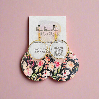 ERIN  - Leather Earrings   ||  <BR> PINK FLORAL ON BLACK (LEATHER ON CORK)