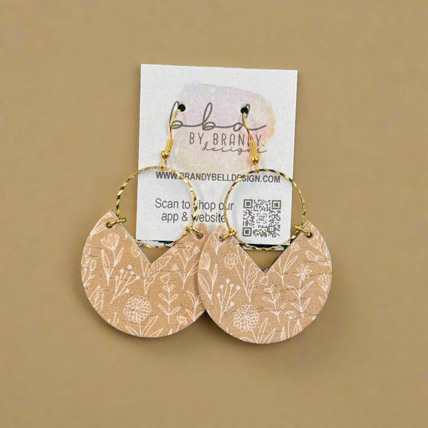 ERIN  - Leather Earrings   ||  <BR> MUSTARD FLORAL OUTLINES (LEATHER ON CORK)