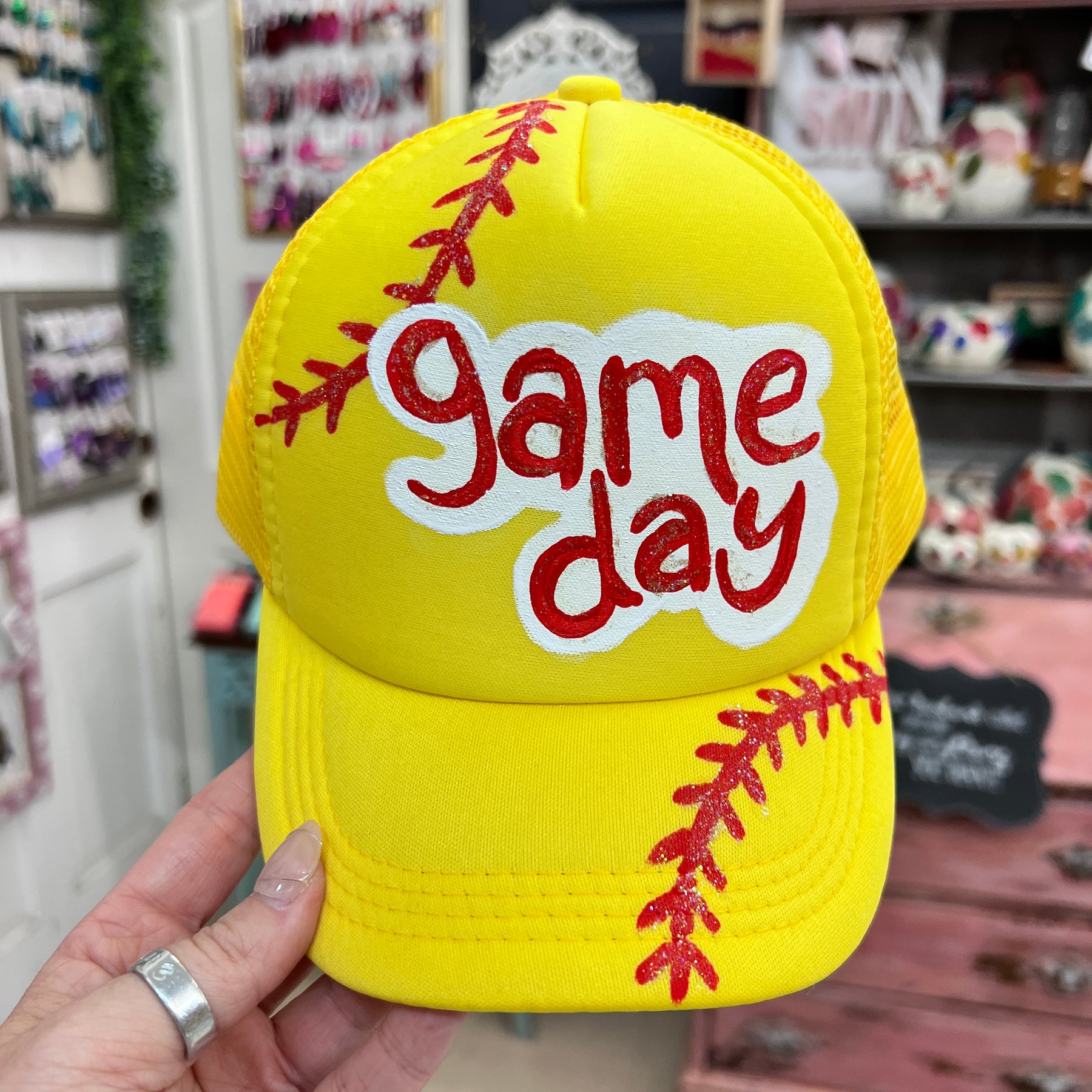 Hand-Painted Trucker Hat by Brandy Bell - Yellow Softball  display picture 2