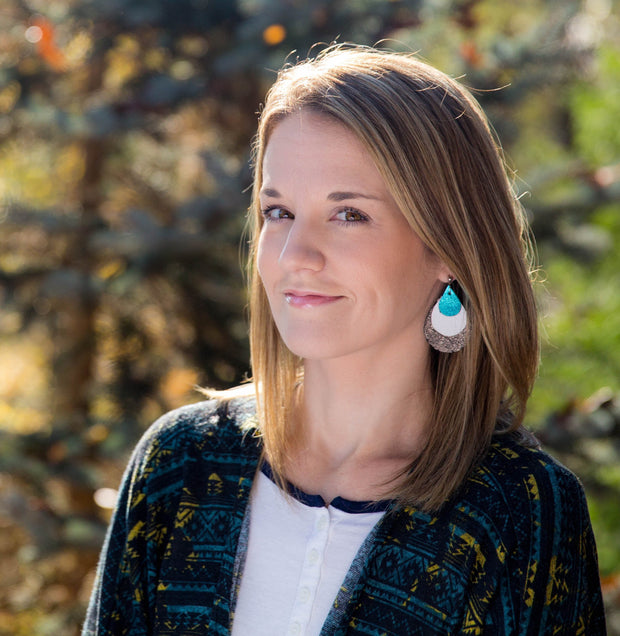 LINDSEY -  Leather Earrings  ||   <BR> SHIMMER BLACK, <BR>FALL ABSTRACT BRUSHSTROKES, <BR> DISTRESSED BROWN