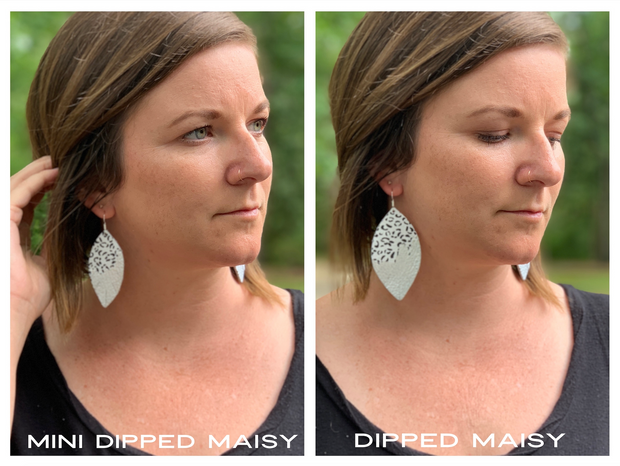"DIPPED" MAISY (2 SIZES!) - Genuine Leather Earrings  || GOLD ON WHITE NORTHERN LIGHTS  + CHOOSE YOUR "DIPPED" FINISH