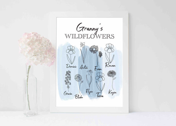 CUSTOM 8" x 10" Birth Flower PRINT- Original Artwork by Brandy Bell  : Grandparent's Wildflowers (8+ Birth Flowers)