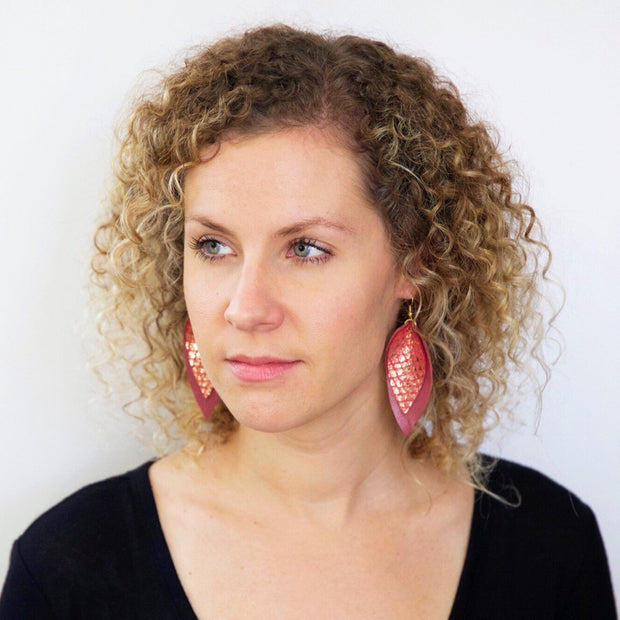 ALLIE -  Leather Earrings  || SASSY PINK GLITTER (FAUX LEATHER), <BR> METALLIC NEON PINK PEBBLED