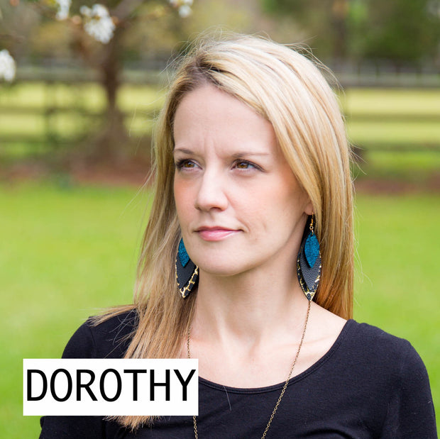 DOROTHY - Leather Earrings  ||  <BR> RUST GLITTER (FAUX LEATHER),  <BR> PEACH FLORAL ON BLACK (FAUX LEATHER),  <BR> BLACK & WHITE BUFFALO PLAID