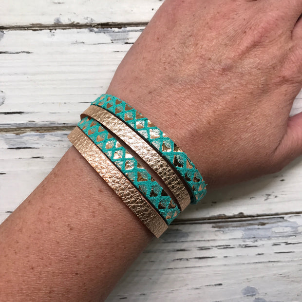 WRAP BRACELET - SPENCER ||    Handmade by Brandy Bell Design ||  DUSTY AQUA / BLACK WITH WHITE POLKADOTS