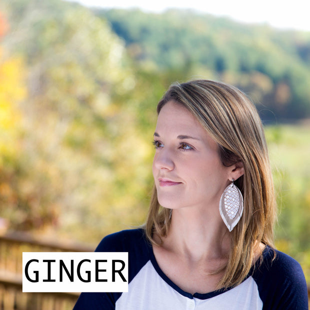GINGER - Leather Earrings  ||  <BR>  PEONIES & ROSES (faux leather), <BR> SHIMMER ROSE GOLD, <BR> MATTE LIGHT PINK