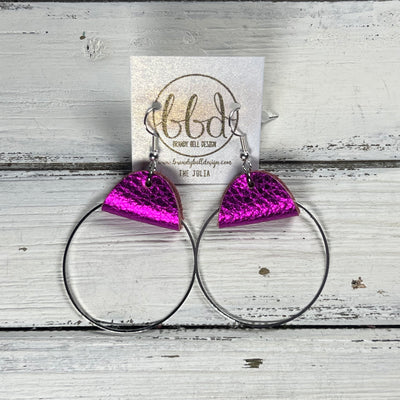 JULIA - Leather Earrings OR Necklace || METALLIC NEON PINK PEBBLED (* 3 options available)