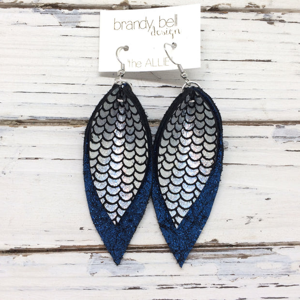 ALLIE -  Leather Earrings  || METALLIC MERMAID SILVER & METALLIC SHIMMER BLUE