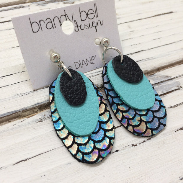 DIANE - Leather Earrings  ||    MATTE BLACK, ROBINS EGG BLUE, METALLIC MERMAID IN ANTIQUE BLUE/GREEN/PINK