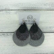 LINDSEY - Leather Earrings  ||   <BR> SHIMMER BLACK, <BR> SHIMMER PEWTER, <BR> SHIMMER GRAY
