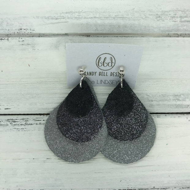 LINDSEY - Leather Earrings  ||   <BR> SHIMMER BLACK, <BR> SHIMMER PEWTER, <BR> SHIMMER GRAY