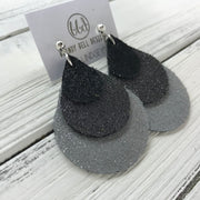 LINDSEY - Leather Earrings  ||   <BR> SHIMMER BLACK, <BR> SHIMMER PEWTER, <BR> SHIMMER GRAY