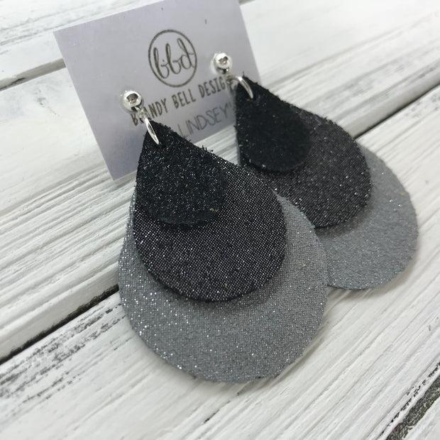 LINDSEY - Leather Earrings  ||   <BR> SHIMMER BLACK, <BR> SHIMMER PEWTER, <BR> SHIMMER GRAY