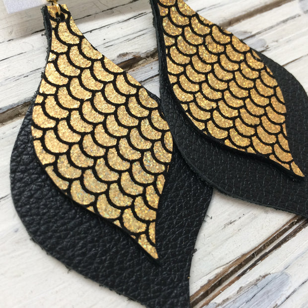 EVE - Leather Earrings  || METALLIC GOLD MERMAID & MATTE BLACK