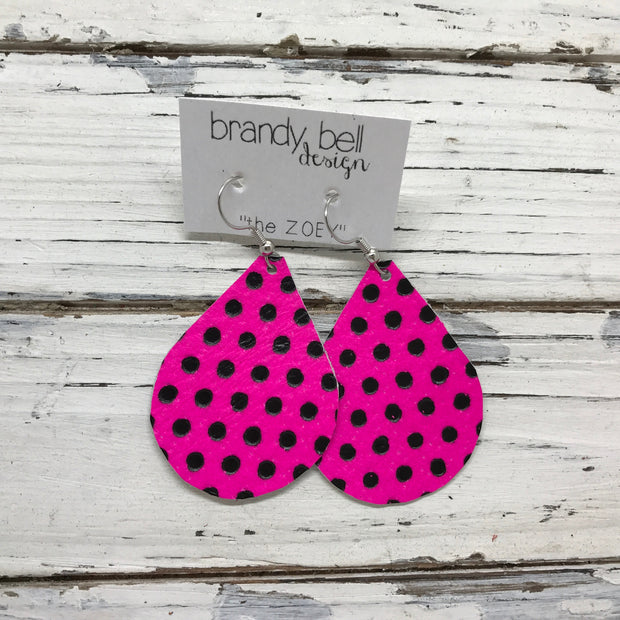 ZOEY (3 sizes available!) - Leather Earrings  ||  NEON MATTE PINK WITH BLACK POLKA DOTS