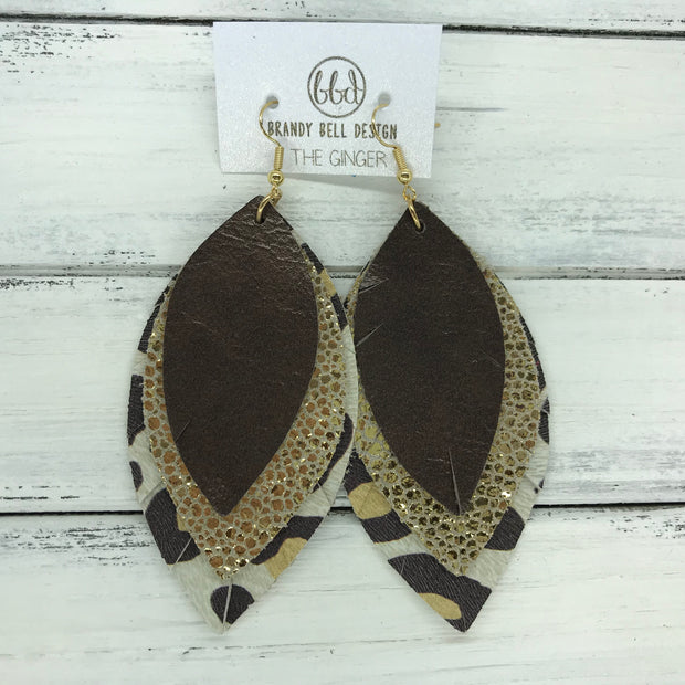 GINGER - Leather Earrings  ||  <BR>  PEARLIZED DARK BROWN, <BR> METALLIC GOLD DRIPS, <BR>  LARGE CHEETAH PRINT