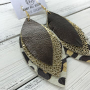 GINGER - Leather Earrings  ||  <BR>  PEARLIZED DARK BROWN, <BR> METALLIC GOLD DRIPS, <BR>  LARGE CHEETAH PRINT