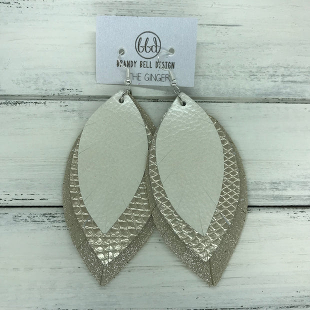 GINGER - Leather Earrings  ||  <BR>  PEARL WHITE, <BR> METALLIC CHAMPAGNE COBRA, <BR>  SHIMMER TAUPE