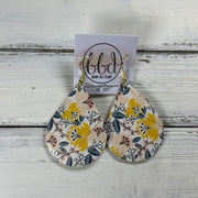 ZOEY (3 sizes available!) -  Leather Earrings  ||  YELLOW FLORAL ON CORK (CORK ON LEATHER)