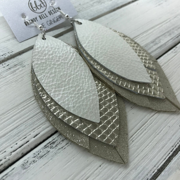 GINGER - Leather Earrings  ||  <BR>  PEARL WHITE, <BR> METALLIC CHAMPAGNE COBRA, <BR>  SHIMMER TAUPE